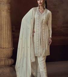 Off white embroidered chinon silk readymade salwar kameez