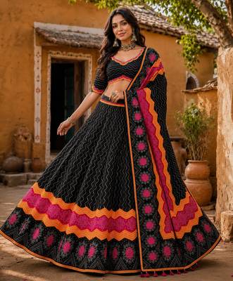Navratri Ajrakh Print Rayon Lehenga Choli & Blouse With Dupatta 1