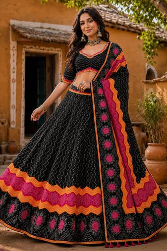 Navratri Ajrakh Print Rayon Lehenga Choli & Blouse With Dupatta