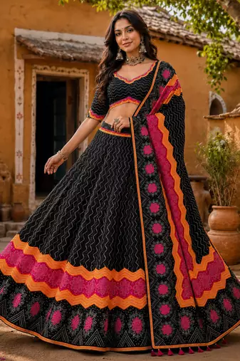 Navratri Ajrakh Print Rayon Lehenga Choli & Blouse With Dupatta