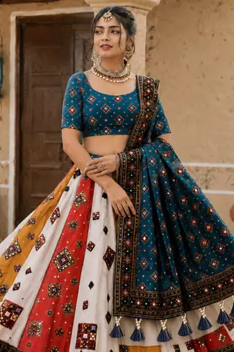 Navratri Ajrakh Print Rayon Lehenga Choli & Blouse With Dupatta