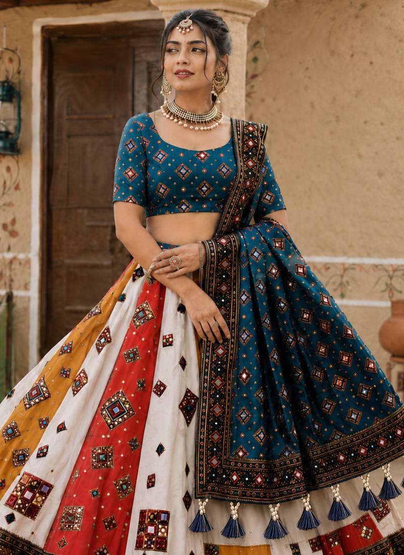 Navratri Ajrakh Print Rayon Lehenga Choli & Blouse With Dupatta