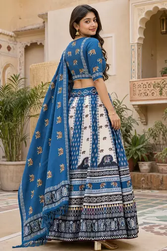 Navratri Ajarakh Print Rayon Semi Stitched Lehenga Choli & Unstitched Blouse With Dupatta