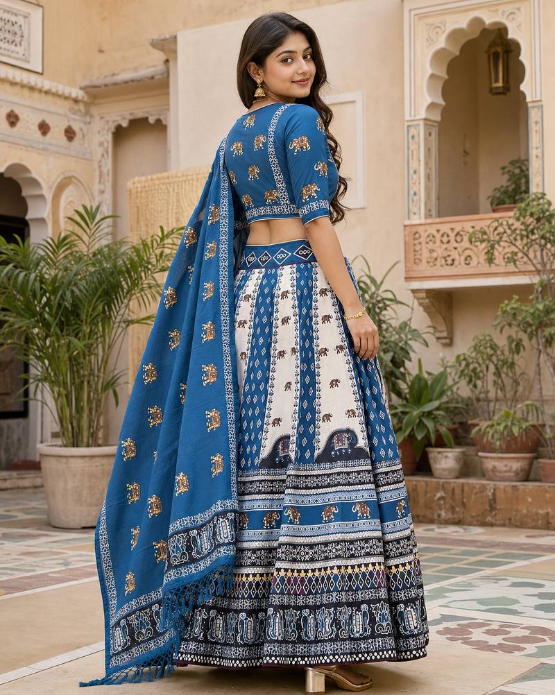 Navratri Ajarakh Print Rayon Semi Stitched Lehenga Choli & Unstitched Blouse With Dupatta