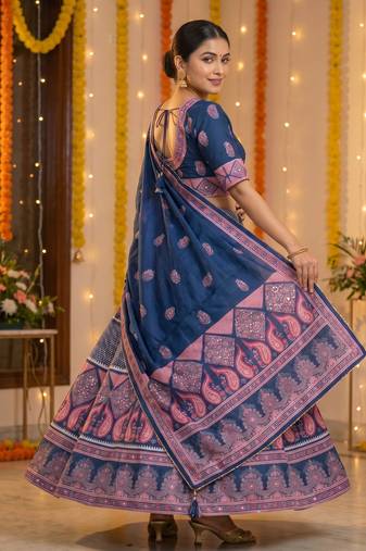 Navratri Ajarakh Print Rayon Semi Stitched Lehenga Choli & Unstitched Blouse With Dupatta