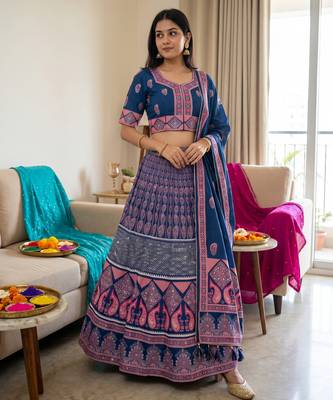 Navratri Ajarakh Print Rayon Semi Stitched Lehenga Choli & Unstitched Blouse With Dupatta 2