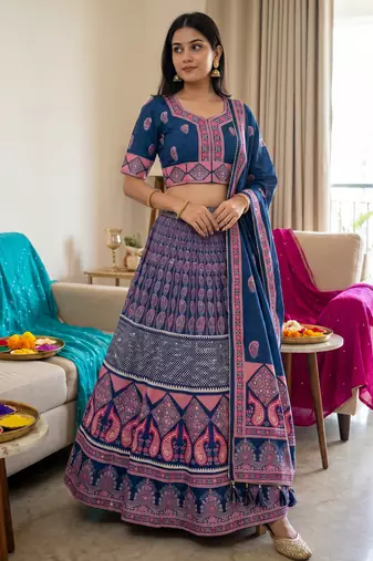Navratri Ajarakh Print Rayon Semi Stitched Lehenga Choli & Unstitched Blouse With Dupatta