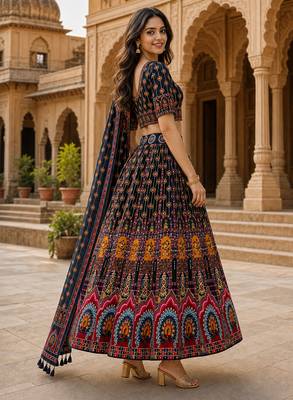 Navratri Ajarakh Print Rayon Semi Stitched Lehenga Choli & Unstitched Blouse With Dupatta 1