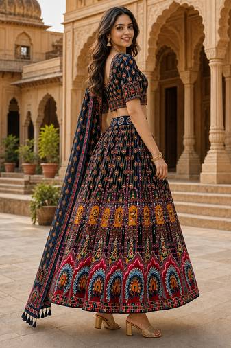 Navratri Ajarakh Print Rayon Semi Stitched Lehenga Choli & Unstitched Blouse With Dupatta