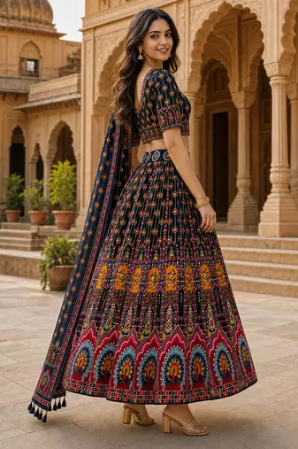 Navratri Ajarakh Print Rayon Semi Stitched Lehenga Choli & Unstitched Blouse With Dupatta