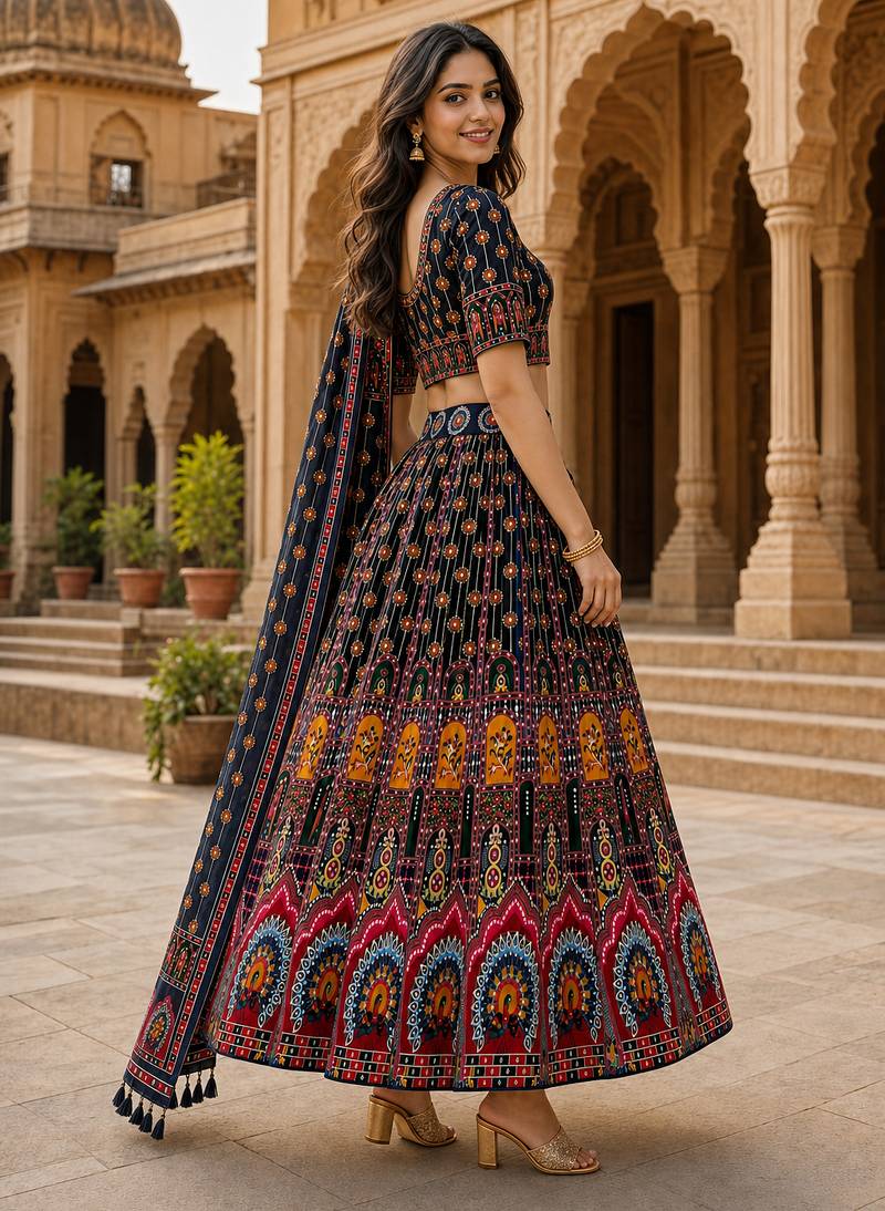 Navratri Ajarakh Print Rayon Semi Stitched Lehenga Choli & Unstitched Blouse With Dupatta
