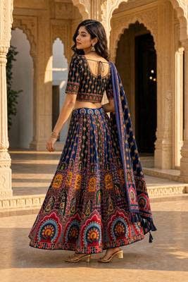 Navratri Ajarakh Print Rayon Semi Stitched Lehenga Choli & Unstitched Blouse With Dupatta 2