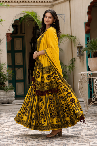 Navratri Ajarakh Print Rayon Semi Stitched Lehenga Choli & Unstitched Blouse With Dupatta