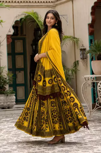 Navratri Ajarakh Print Rayon Semi Stitched Lehenga Choli & Unstitched Blouse With Dupatta
