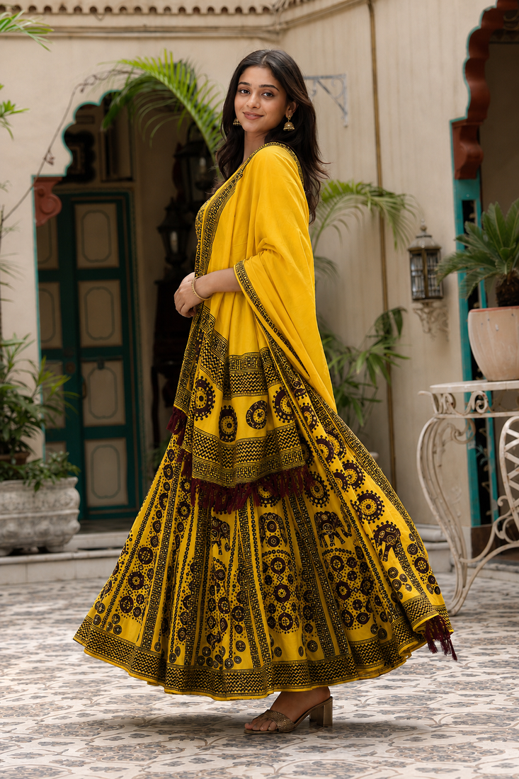 Navratri Ajarakh Print Rayon Semi Stitched Lehenga Choli & Unstitched Blouse With Dupatta