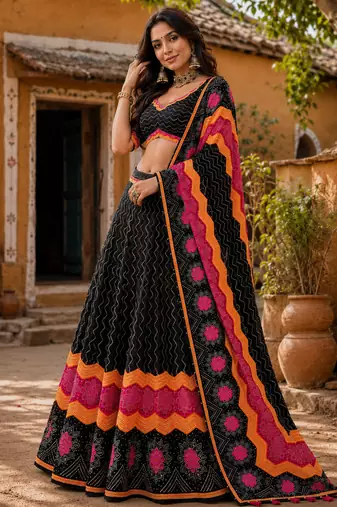 Navratri Ajrakh Print Rayon Lehenga Choli & Blouse With Dupatta