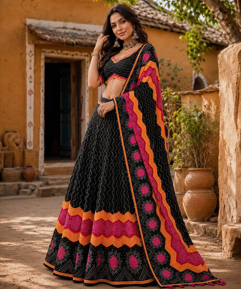 Navratri Ajrakh Print Rayon Lehenga Choli & Blouse With Dupatta