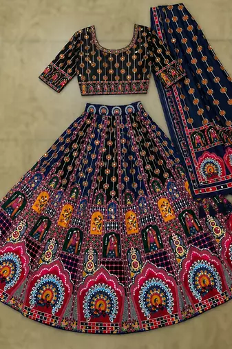 Navratri Ajarakh Print Rayon Semi Stitched Lehenga Choli & Unstitched Blouse With Dupatta