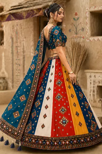 Navratri Ajrakh Print Rayon Lehenga Choli & Blouse With Dupatta