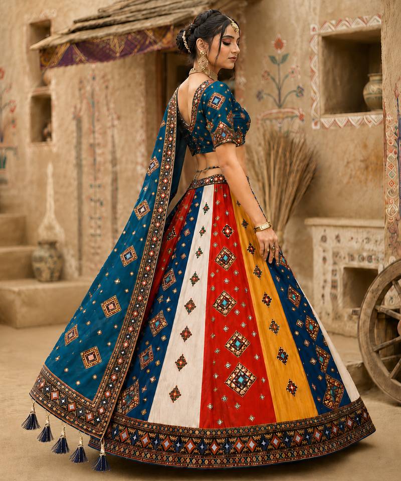Navratri Ajrakh Print Rayon Lehenga Choli & Blouse With Dupatta