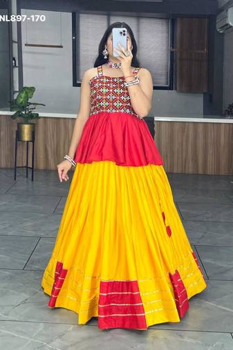 yellow rayon gota patti navratri lehenga with kediya top