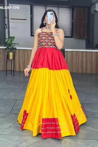 Yellow Rayon Ethnic Lehenga with Kediya Top - Gota Patti & Patch Work