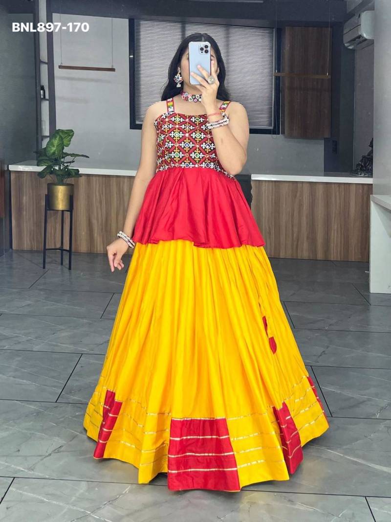 Yellow Rayon Ethnic Lehenga with Kediya Top - Gota Patti & Patch Work