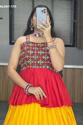 Yellow Rayon Ethnic Lehenga with Kediya Top - Gota Patti & Patch Work