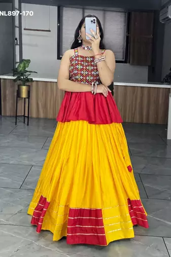 Yellow Rayon Ethnic Lehenga with Kediya Top - Gota Patti & Patch Work