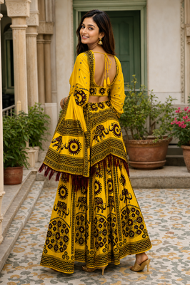 Navratri Ajarakh Print Rayon Semi Stitched Lehenga Choli & Unstitched Blouse With Dupatta 2