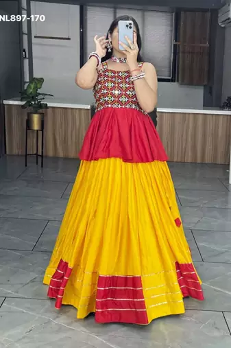 Yellow Rayon Ethnic Lehenga with Kediya Top - Gota Patti & Patch Work