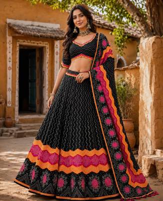 Navratri Ajrakh Print Rayon Lehenga Choli & Blouse With Dupatta 3