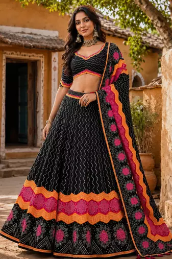 Navratri Ajrakh Print Rayon Lehenga Choli & Blouse With Dupatta