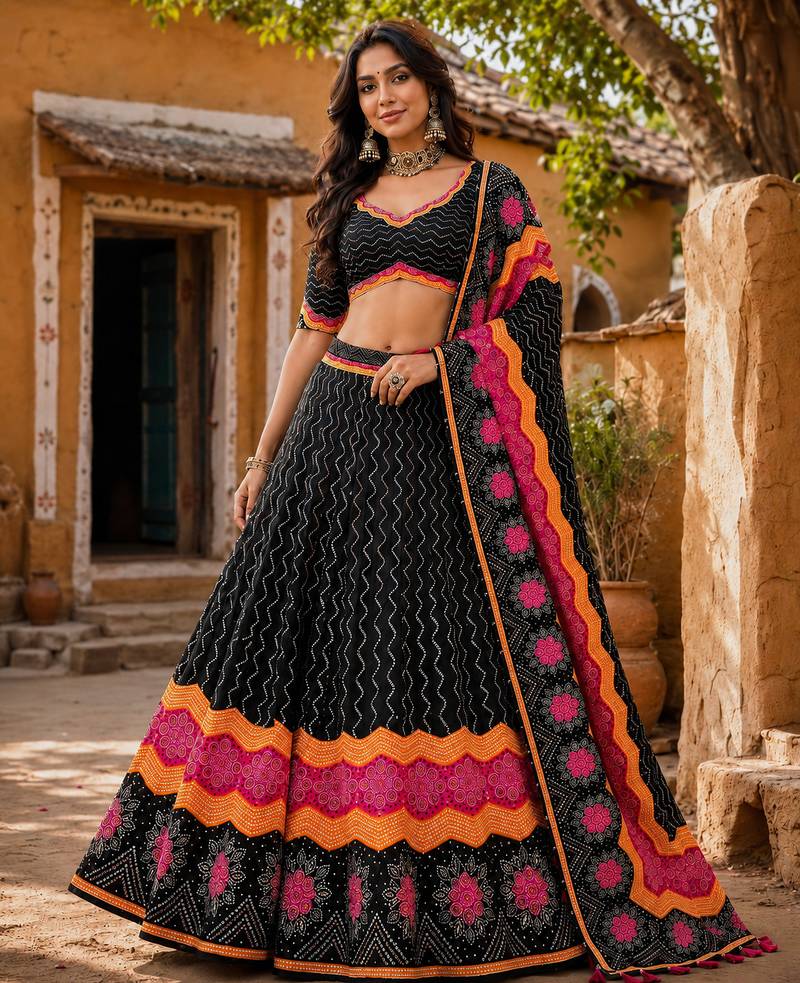 Navratri Ajrakh Print Rayon Lehenga Choli & Blouse With Dupatta