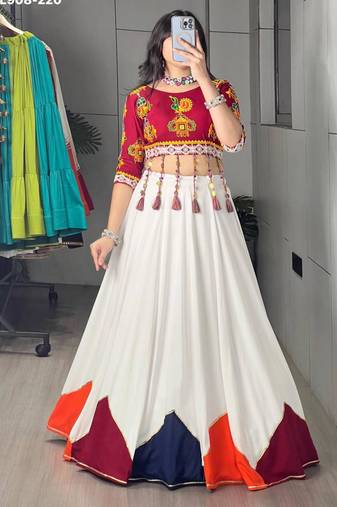 White Thread Work Rayon Plain Navratri Lehenga Choli