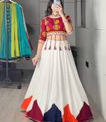 White Thread Work Rayon Plain Navratri Lehenga Choli
