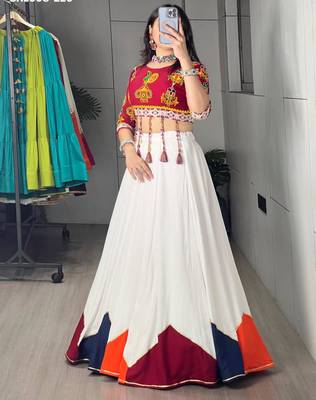 White Thread Work Rayon Plain Navratri Lehenga Choli 2