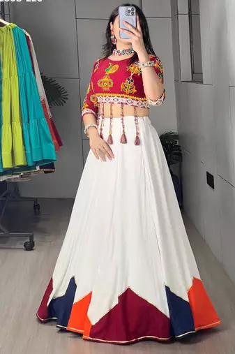 White Thread Work Rayon Plain Navratri Lehenga Choli