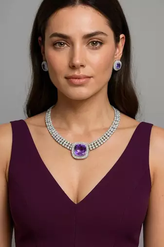 purple amethyst necklace and earrings set: silver cz bridal jewellery