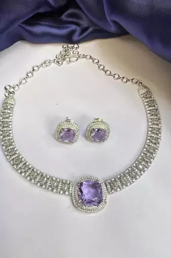 purple amethyst necklace and earrings set: silver cz bridal jewellery