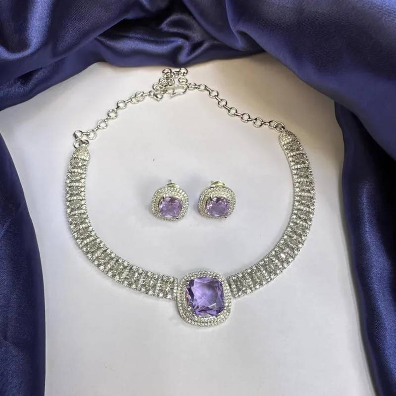purple amethyst necklace and earrings set silver cz bridal jewellery