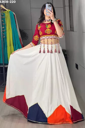 White Thread Work Rayon Plain Navratri Lehenga Choli