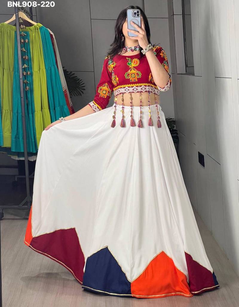 White Thread Work Rayon Plain Navratri Lehenga Choli