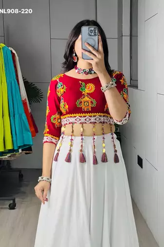 White Thread Work Rayon Plain Navratri Lehenga Choli