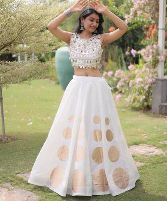 Off-White Mirror Work Silk Blend Printed Navratri Lehenga Choli 1