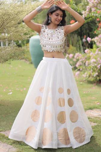 Off-White Mirror Work Silk Blend Printed Navratri Lehenga Choli