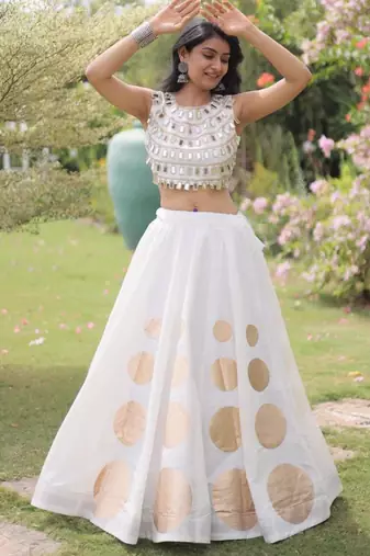 Off-White Mirror Work Silk Blend Printed Navratri Lehenga Choli