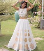 Off-White Mirror Work Silk Blend Printed Navratri Lehenga Choli