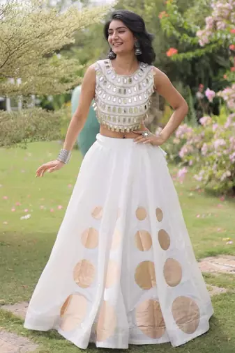 Off-White Mirror Work Silk Blend Printed Navratri Lehenga Choli