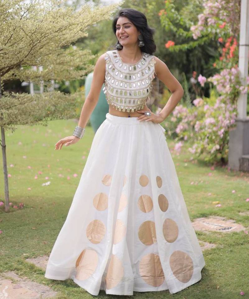 Off-White Mirror Work Silk Blend Printed Navratri Lehenga Choli